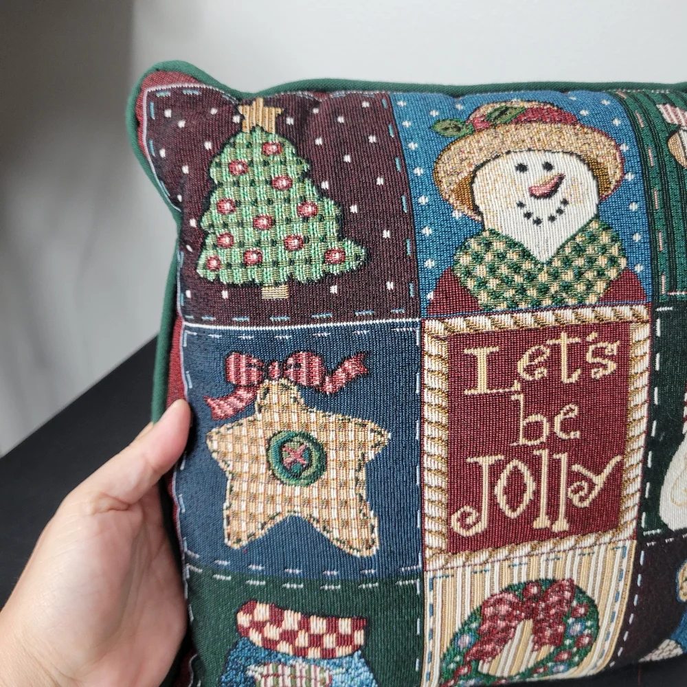 Vtg Tapestry Festive Holiday Pillow with Snowman and Santa Design
